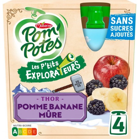 POM POTES Compotes Les P'tits Explorateurs Thor pomme banane mûre sans sucres ajoutés POM'POTES les 4 gourdes de 90g