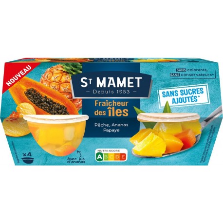 ST MAMET Salades de Fruits Fraîcheur des îles Pêches Ananas et Papaye les 4 pots de 113g