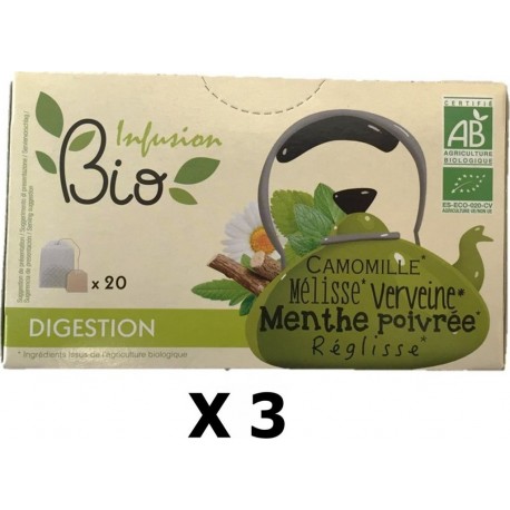 NC Lot 3x Infusion Bio Camomille, Mélisse, Verveine, Menthe Poivrée, Réglisse Digestion 20 Sachets les 3 unités de 0.03Kg