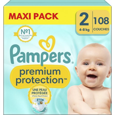 PAMPERS Couches Bébé Premium Protection 4 8Kg Taille 2 pack de 108 couches