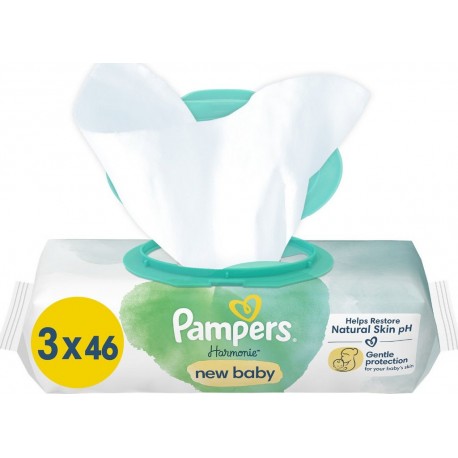 PAMPERS Lingettes Nettoyantes Bébé Harmonie New Baby à l'Aleo Vera pack de 3 sachets de 46 lingettes