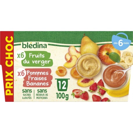 BLEDINA Purée de fruits pommes fraises banane fruits du verger dés 6 mois les 12 pots de 100g