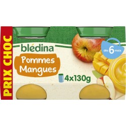 BLEDINA Purée de fruits bébé dés 6 mois pommes mangues les 4 pots de 130g