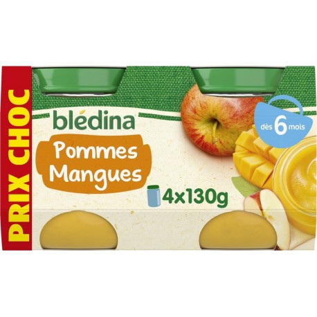 BLEDINA Purée de fruits bébé dés 6 mois pommes mangues les 4 pots de 130g