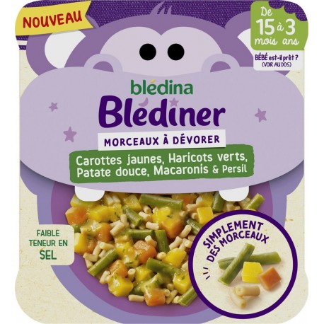 BLEDINA Plat bébé dès 15 mois morceaux de carottes jaunes haricots verts patate douce macaronis 200g