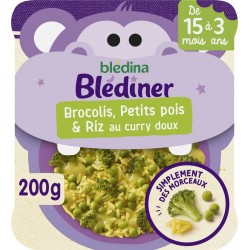 BLEDINA Plat cuisiné bébé brocolis petits pois et riz au curry doux 200g