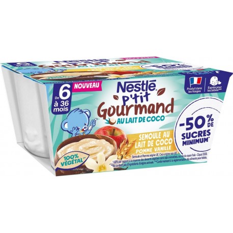 NESTLE Dessert bébé dès 6mois semoule au lait de coco pomme vanille les 4 pots de 90g