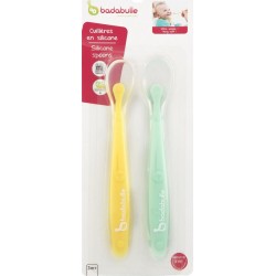 BADABULLE Cuillère bébé verte et jaune en silicone lot de 2