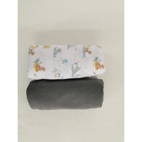 DISNEY Drap housse Gris 100% Coton lot de 2