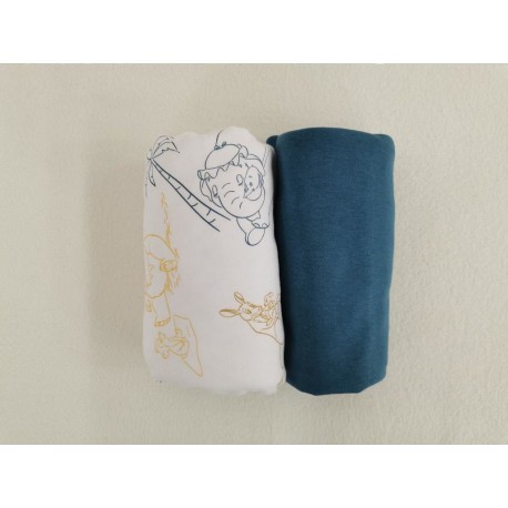 DISNEY Drap housse Bleu 100% Coton lot de 2