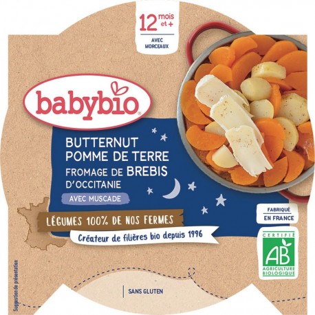 BABYBIO Plat bébé 12 mois et+,butternut, pomme de terre et fromage de brebis d'Occitanie muscade Bio l'assiette de 230g