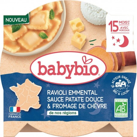 BABYBIO Repas bébé dès 15mois ravioli emmental sauce patate douce et fromage de chèvre bio 190g