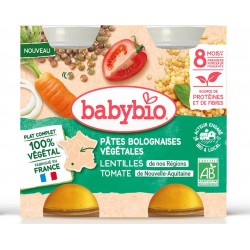 BABYBIO Repas bébé dès 8 mois pâtes bolognaises végétales lentilles tomate bio les 2 pots de 200g