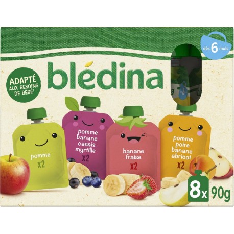 BLEDINA Compote Bébé Assortiment de Fruits dès 6 Mois les 8 gourdes de 90g