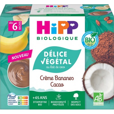 HIPP Dessert bébé crème bananes cacao bio les 4 pots de 100g