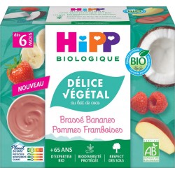 HIPP Dessert bébé brassé banane pomme framboise les 4 pots de 100g