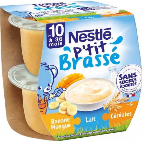 NESTLE Dessert bébé dès 10 mois p'tit brassé banane mangue lait et céréales sans sucres ajoutés les 2 pots de 115g