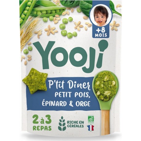 YOOJI Dîner bébé dès 8 mois Petit pois, Epinards, Orge en portions Bio les 15 galets de 20g