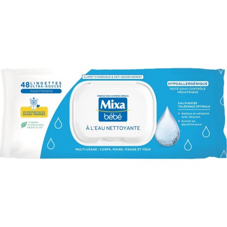 MIXA Lingettes Nettoyantes Bébé Hypoallergénique à l'Eau 48 lingettes