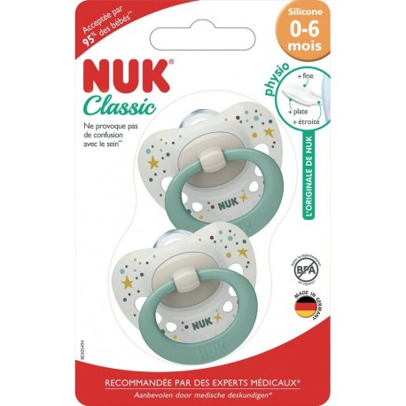 NUK Sucettes bleu silicone 0-6 mois Classic lot de 2 sucettes