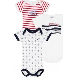 PETIT BATEAU Body bébé garçon marine/rouge coton Bio 9 mois lot de 3 bodies