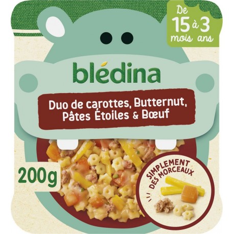 BLEDINA Plat cuisiné bébé dès 15 mois duo de carottes butternut pâtes étoiles et bœuf 200g