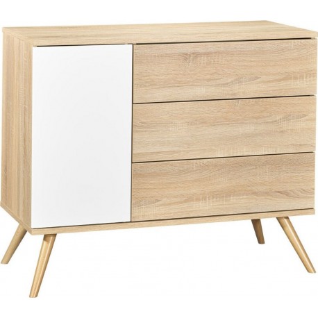 Commode 3 Tiroirs 1 Porte Seventies Blanc Et Bois