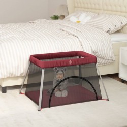 NC Parc Pour Bébé Avec Matelas Rouge Tissu De Lin Vidaxl