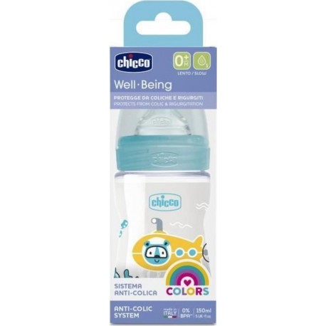 Silicone Chicco-biberon Bien-etre 150ml Tétine Flux Lent 0m+ Bleu