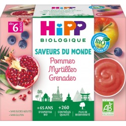 HIPP Compote bébé dès 6 mois pommes myrtilles grenades Bio BIOLOGIQUE les 4 pots de 100g