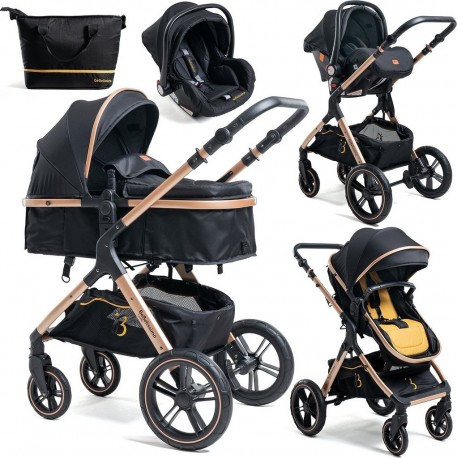 Bebelissimo Poussette Combinée Trio 3 En 1 Siège Auto 0m – Nacelle – Dès La Naissance – Jusqu’à 22Kg – Premium Gold