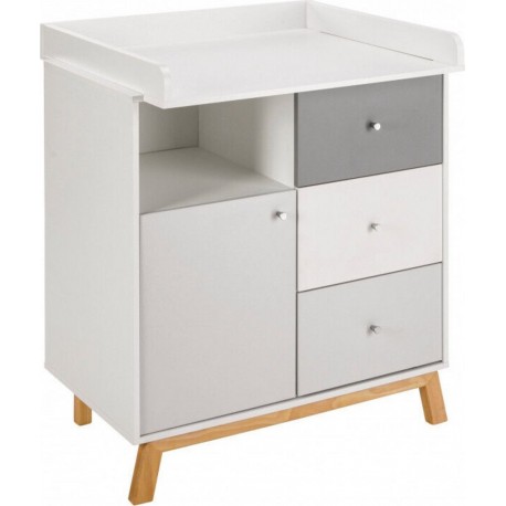 NC Commode Avec Plan À Langer 3 Tiroirs Bois Gris Et Pieds Hêtre VegasL 102 X H 90 X