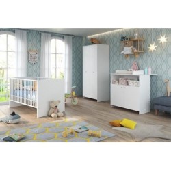 Niko Chambre Bébé Complete Lit 70x140cm + Commode A Langer + Armoire Blanc