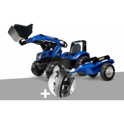 NC Tractopelle Enfant New Holland 3 À 7 Ans Falk + Pack 4 Bandes De Roulement