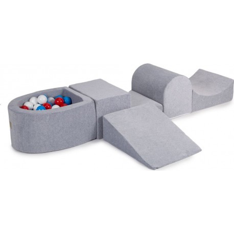 Clair Aire De Jeux En Mousse Avec Piscine À Balles, Velours, 4 Élé, Gris Bleu/rouge/blanc, 100 Pcs