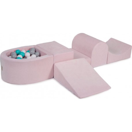 Clair Aire De Jeux En Mousse Avec Piscine À Balles, Velours, 4 Élé, Rose Gris/blanc/turquoise, 100 Pcs