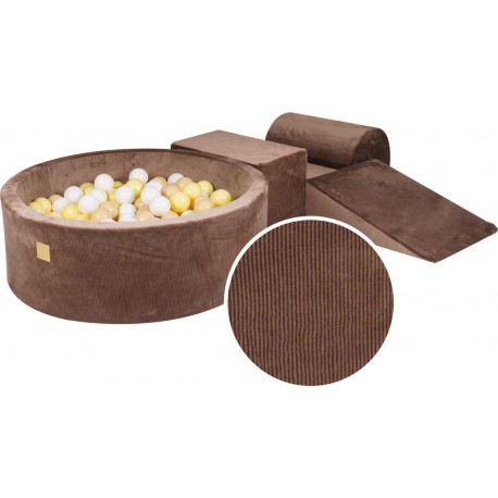 Ensemble De Jeu En Mousse Avec Piscine À Balles, 200 Balles 7cm, Velours Côtelé, Chocolat, Boules Beige, Blanc, Jaune