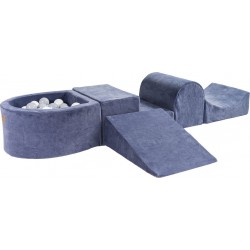 Aire De Jeux En Mousse Avec Piscine À Balles, Velours, 4 Élé, Bleu Gris Blanc/gris, 100 Pcs