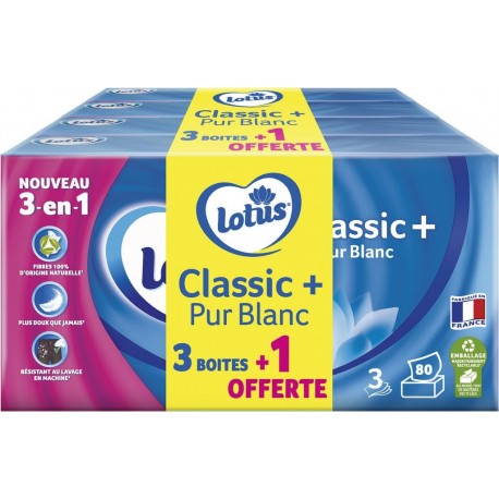 LOTUS Mouchoirs Pur Blanc Classic+ (3+1 boîte offerte) lot de 4 boîtes de 80 mouchoirs