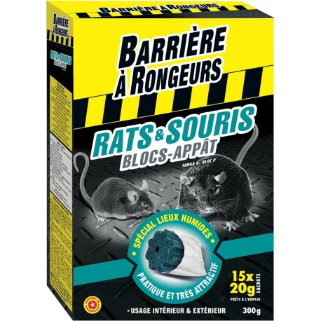 BARRIERE RONGEURS Anti rats et souris blocs-appât spécial lieux humides BARRIERE A RONGEURS les 15 blocs emballés de 20g