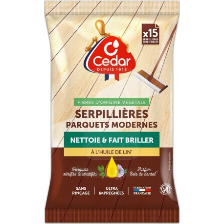 CEDAR Lingettes Serpillières Nettoyant Parquets Modernes à l'Huile de Lin O' 15 lingettes