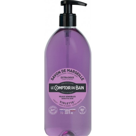 LE COMPTOIR DU BAIN Savon Liquide Corps et Mains Violette Extra Doux Peaux Sensibles la pompe de 1L