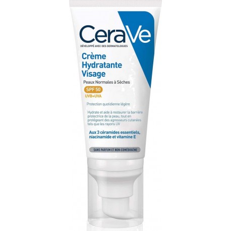 CERAVE Crème Visage Hydratant Visage Spf50 Peaux Normales à Sèches le tube de 52ml