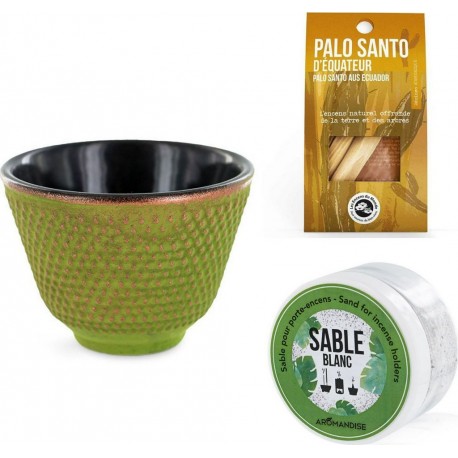 Porte-encens Coupelle Vert Et Doré + Sable Blanc + Bâtonnets Palo Santo