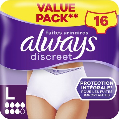 ALWAYS Cutottes Fuites Urinaires Proctection Integrale TailleL Blanc Discreet pack de 16 culottes