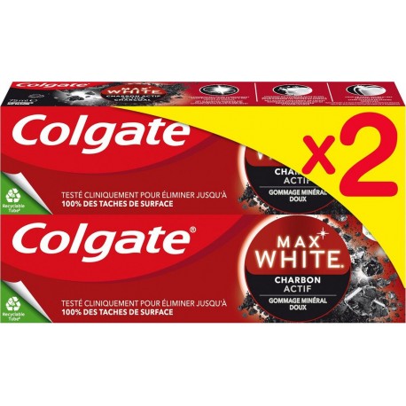 COLGATE Dentifrice Réduit La Plaque Dentaire Au Charbon Actif Max White lot de 2 tubes de 75ml