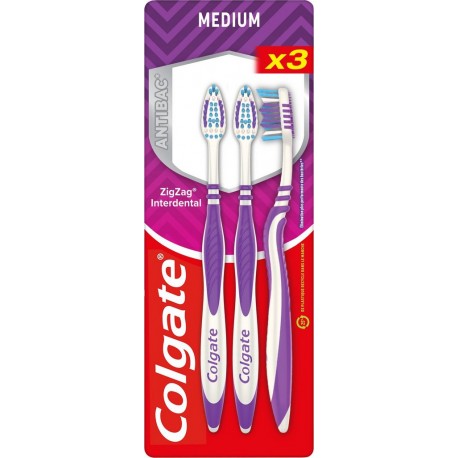 COLGATE Brosse à Dents Zig Zag Interdentaire Medium lot de 3 brosses à dents