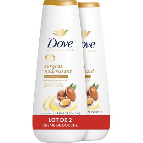 DOVE Gel Douche Surgras Nourrissant à l'Huile d'Argan lot de 2 flacons de 400ml