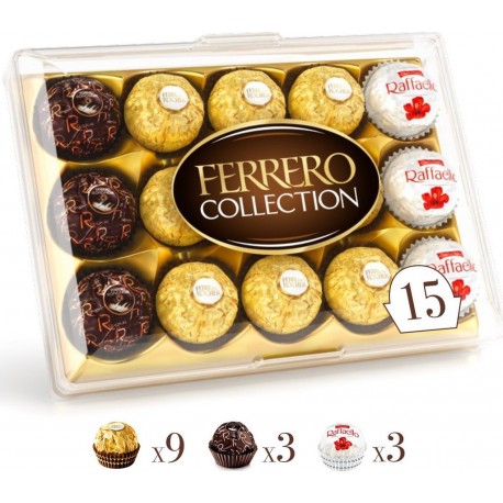 FERRERO Assortiment de Chocolats au Lait et Noisettes, Noix de Coco et Chocolat Noir COLLECTION boîte 15 pièces 172g