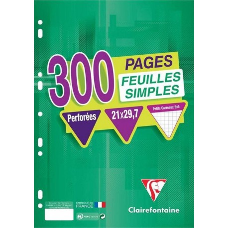 Clairefontaine 300 Feuilles Simples Perforées A4 21x29,7 Petits Carreaux (lot de 3)